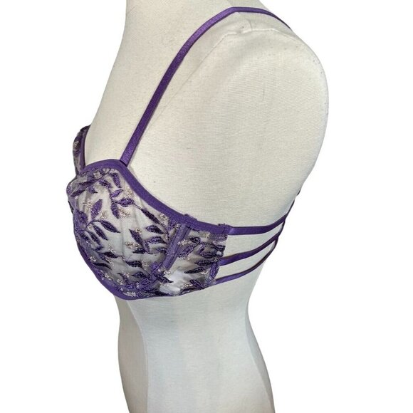 Women Bra XL Purple Sheer Floral Mesh Feminine Sexy Underwire Retro 80s - Picture 5 of 11